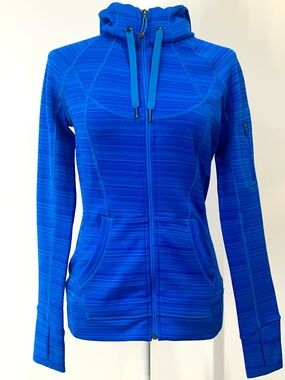Athleta Full Zip Hoodie Jacket Women’s Small Blue Striped Athleisure Thumbholes